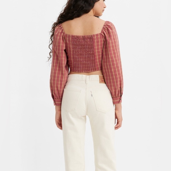 NWT Levi's Checkered Sweet Heart Neck Ruched Tie Front Crop Statement Top - Picture 2 of 13